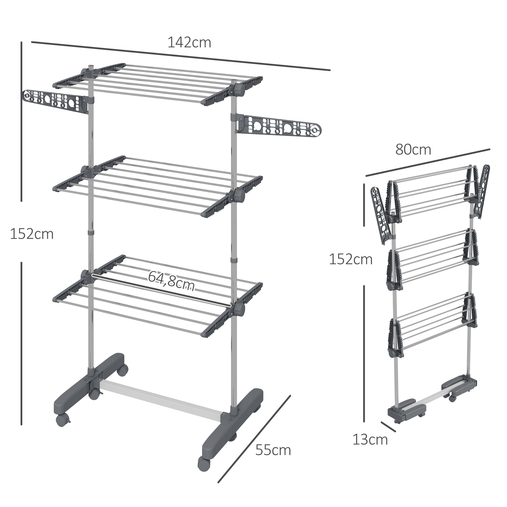 Clothes Rack Tower Cloth Dryer with 3 Levels, Foldable Wings, Wheels, Tower Clothes Stand for Indoor and Outdoor, 142 x 55 x 152 cm, Gray