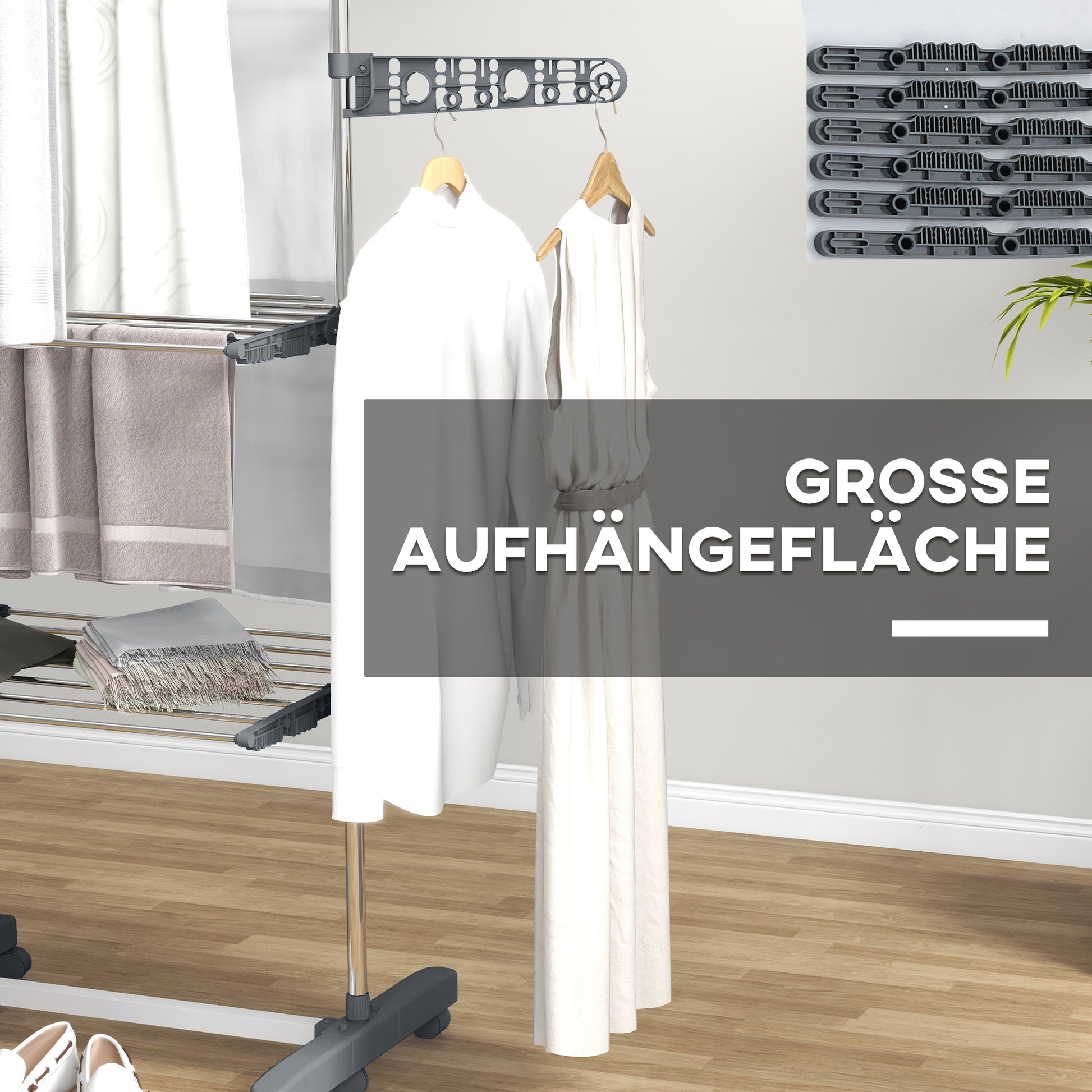 Clothes Rack Tower Cloth Dryer with 3 Levels, Foldable Wings, Wheels, Tower Clothes Stand for Indoor and Outdoor, 142 x 55 x 152 cm, Gray