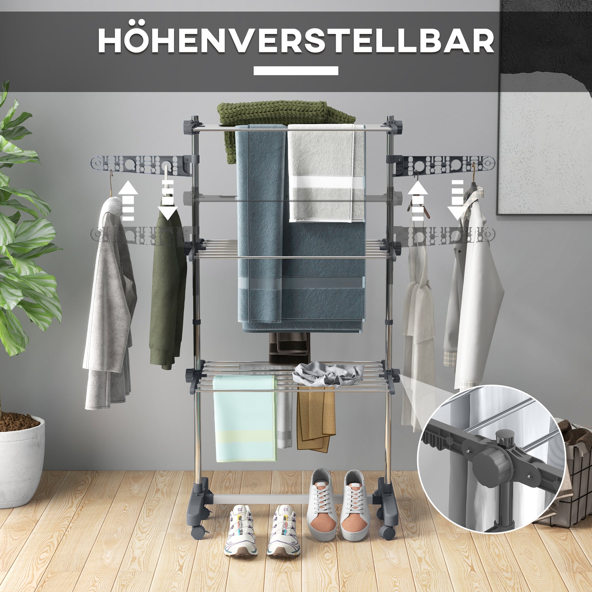 Clothes Rack Tower Cloth Dryer with 3 Levels, Foldable Wings, Wheels, Tower Clothes Stand for Indoor and Outdoor, 142 x 55 x 152 cm, Gray