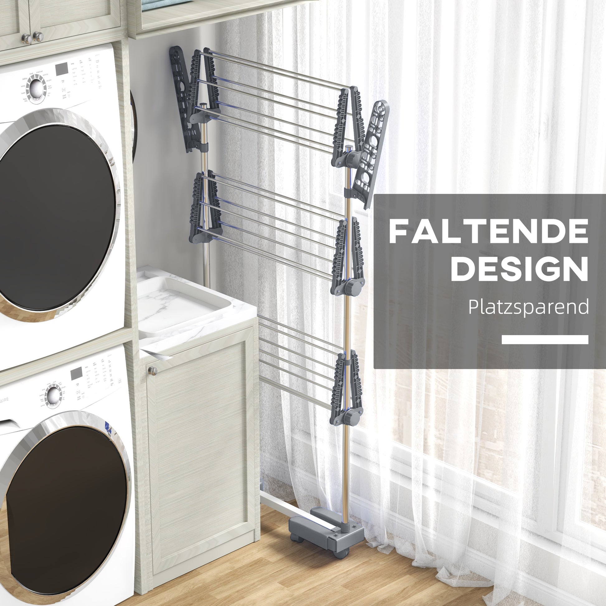Clothes Rack Tower Cloth Dryer with 3 Levels, Foldable Wings, Wheels, Tower Clothes Stand for Indoor and Outdoor, 142 x 55 x 152 cm, Gray