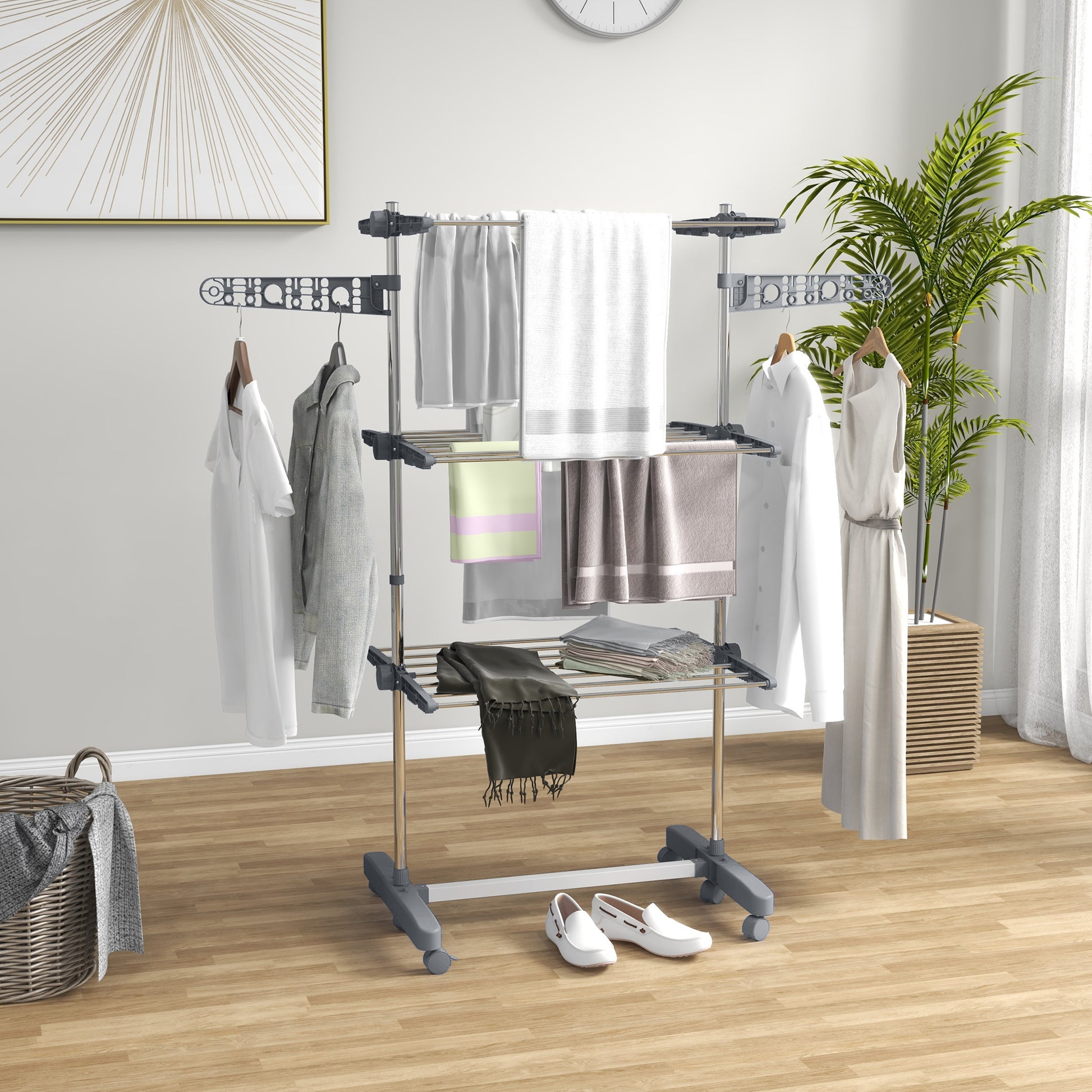 Clothes Rack Tower Cloth Dryer with 3 Levels, Foldable Wings, Wheels, Tower Clothes Stand for Indoor and Outdoor, 142 x 55 x 152 cm, Gray
