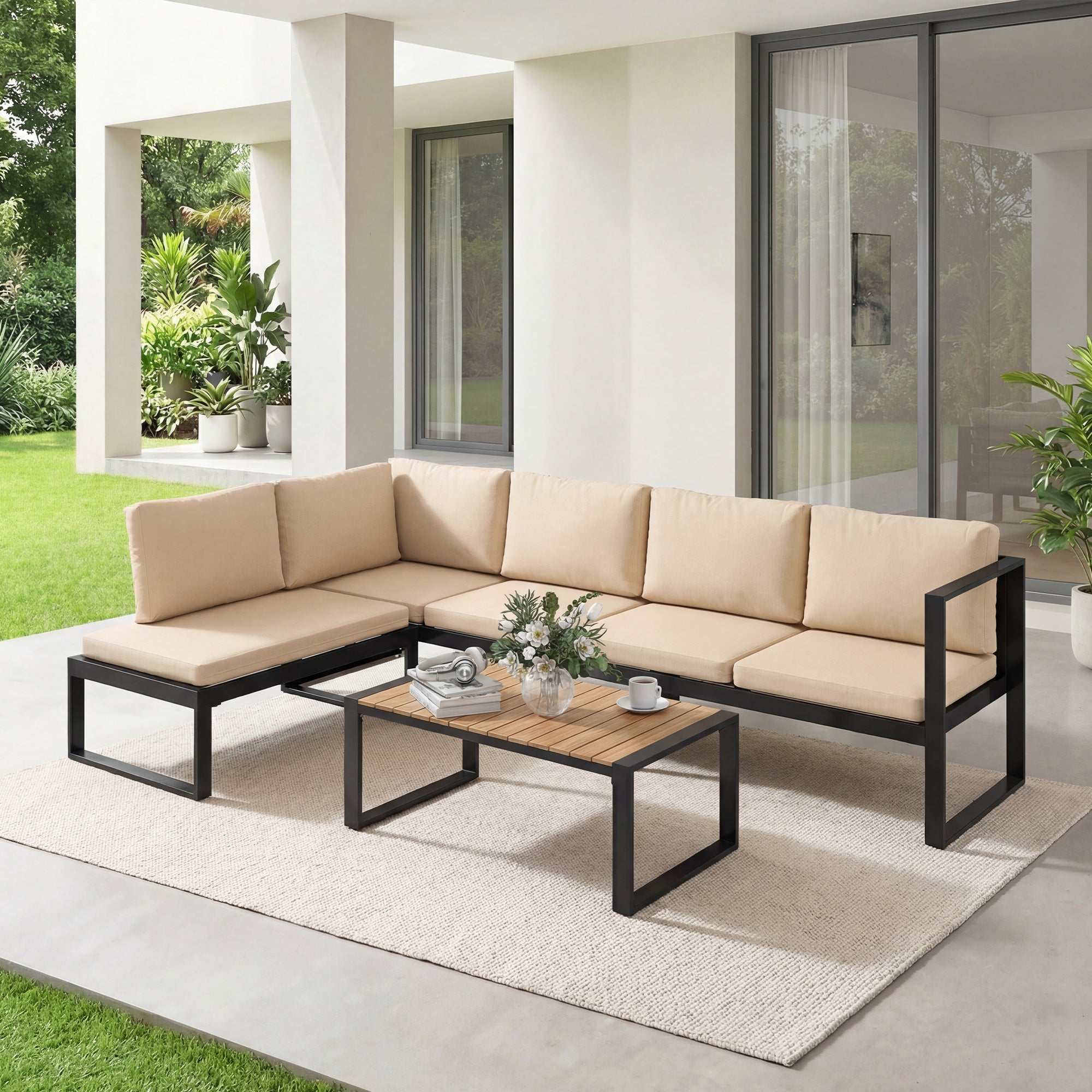 4-Piece Outdoor Garden Sofa Set — 2 Two-Seat Sofas, Armless Chair & Coffee Table, Steel Frame with Cushions, Khaki