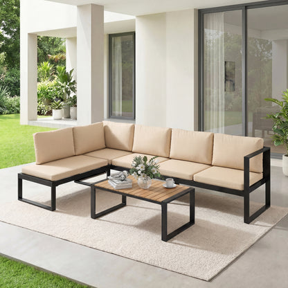 4-Piece Outdoor Garden Sofa Set — 2 Two-Seat Sofas, Armless Chair & Coffee Table, Steel Frame with Cushions, Khaki