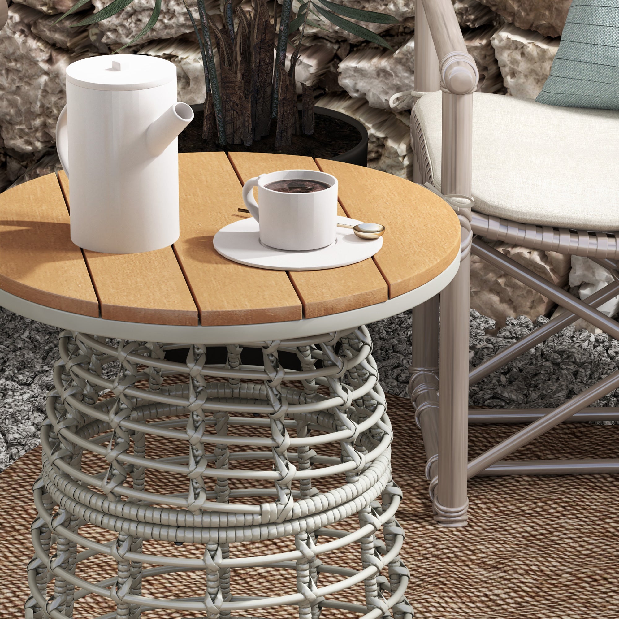 Garden Coffee Table, Round Outdoor Side Table with Resin Rattan Look Metal and Composite Plate, Ø 45 x 50 cm Gray