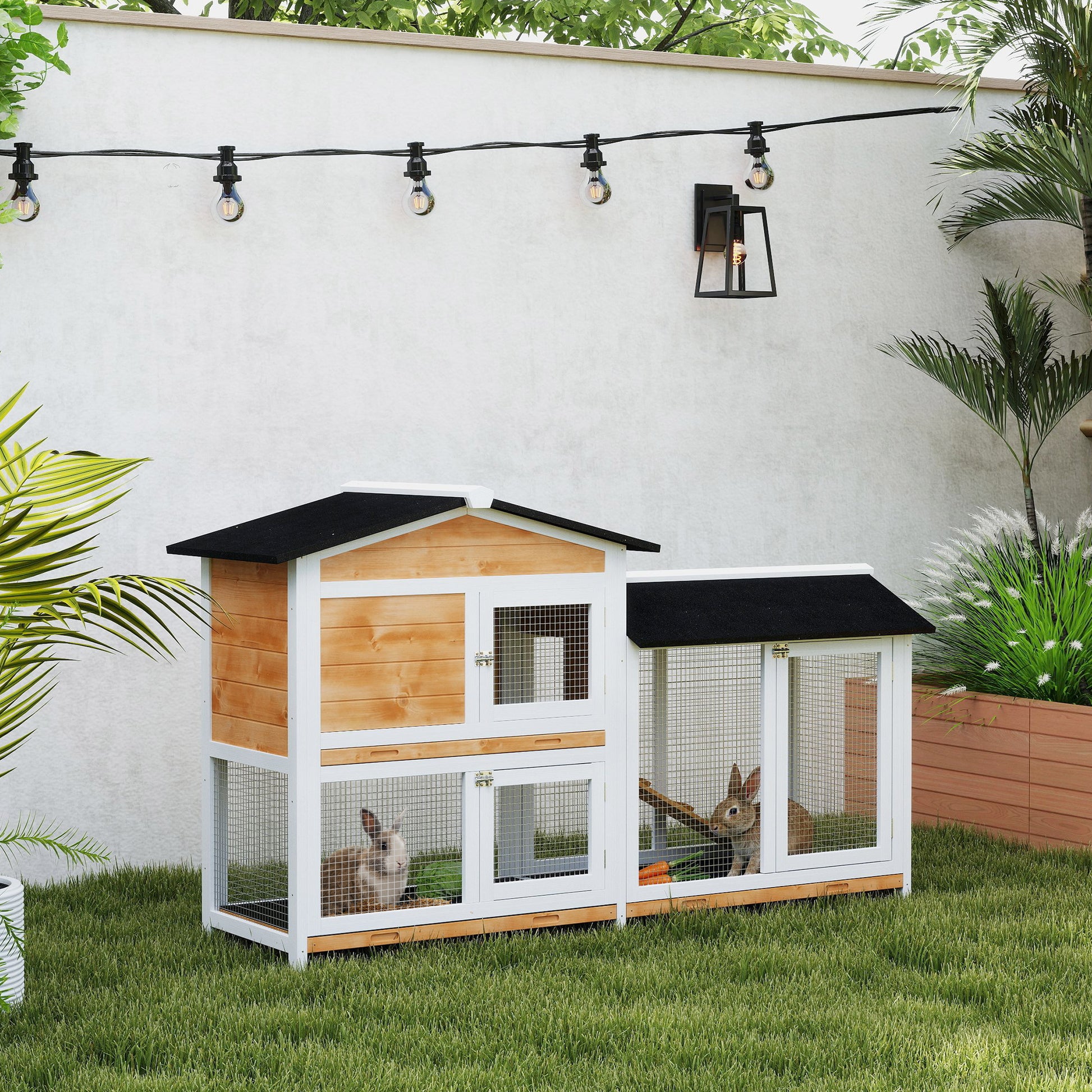 2-Level Outdoor Wood Rabbit Hutch with Asphalt Roof, 2 Metal Enclosures, Removable Tray, 2 Doors and Ramp 157.4x53x93.5 cm Natural