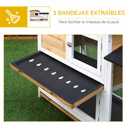 2-Level Outdoor Wood Rabbit Hutch with Asphalt Roof, 2 Metal Enclosures, Removable Tray, 2 Doors and Ramp 157.4x53x93.5 cm Natural