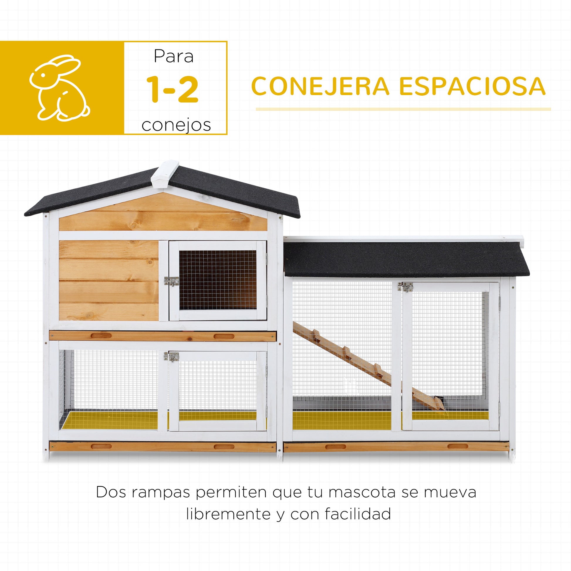 2-Level Outdoor Wood Rabbit Hutch with Asphalt Roof, 2 Metal Enclosures, Removable Tray, 2 Doors and Ramp 157.4x53x93.5 cm Natural