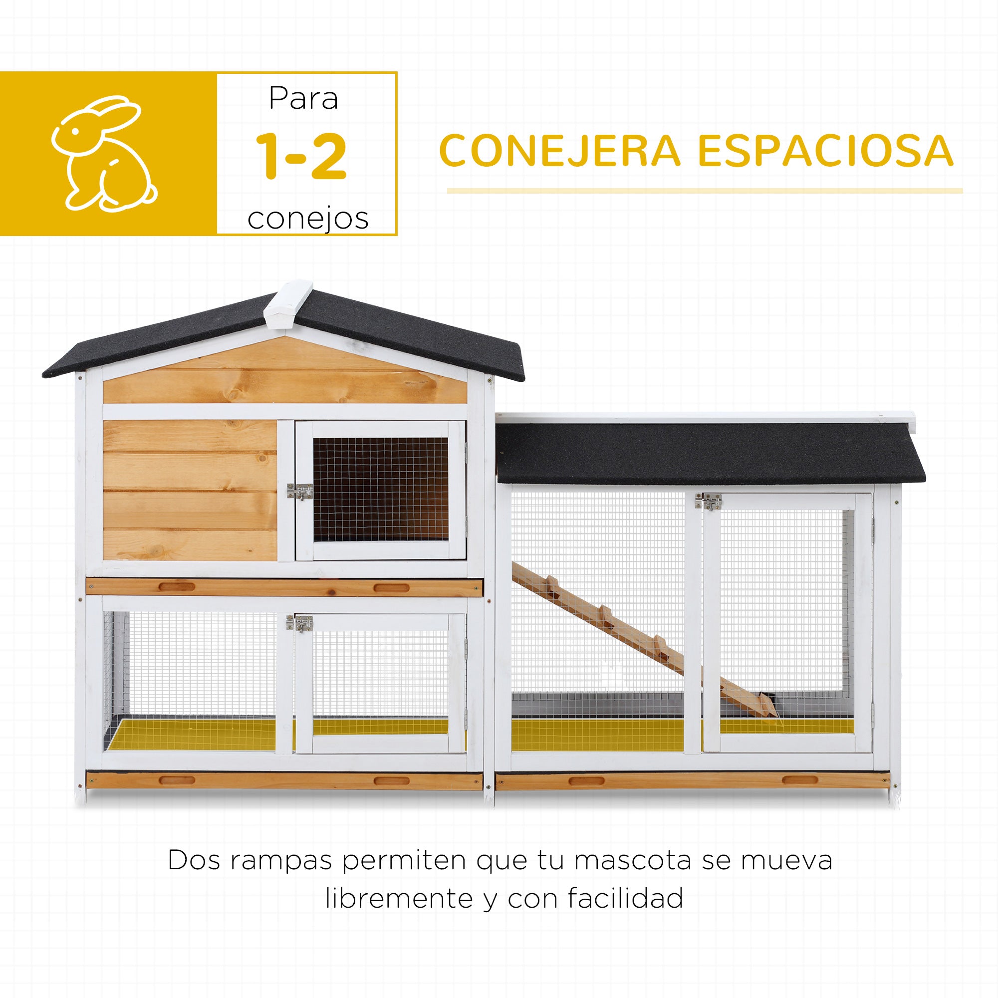 2-Level Outdoor Wood Rabbit Hutch with Asphalt Roof, 2 Metal Enclosures, Removable Tray, 2 Doors and Ramp 157.4x53x93.5 cm Natural