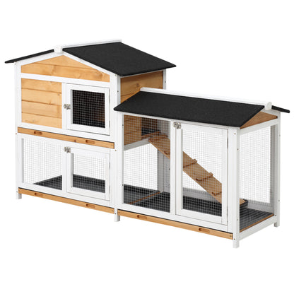 2-Level Outdoor Wood Rabbit Hutch with Asphalt Roof, 2 Metal Enclosures, Removable Tray, 2 Doors and Ramp 157.4x53x93.5 cm Natural