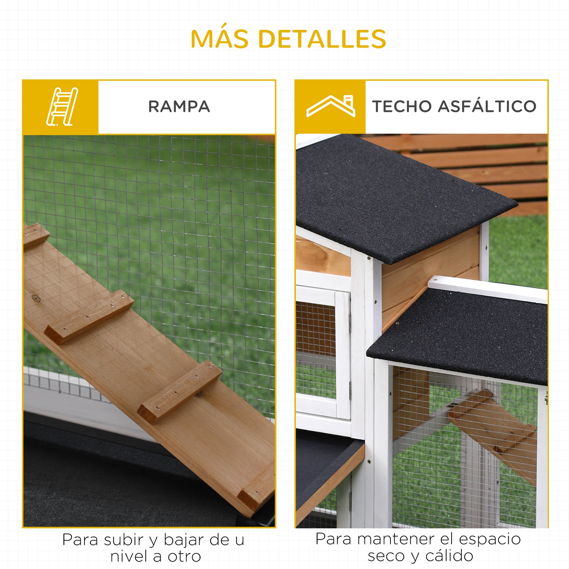 2-Level Outdoor Wood Rabbit Hutch with Asphalt Roof, 2 Metal Enclosures, Removable Tray, 2 Doors and Ramp 157.4x53x93.5 cm Natural