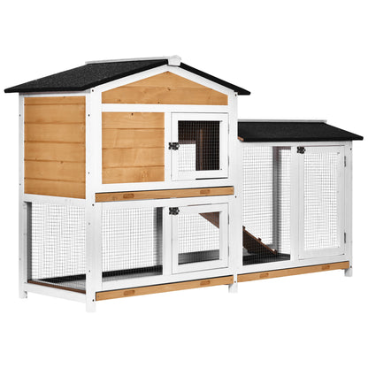 2-Level Outdoor Wood Rabbit Hutch with Asphalt Roof, 2 Metal Enclosures, Removable Tray, 2 Doors and Ramp 157.4x53x93.5 cm Natural