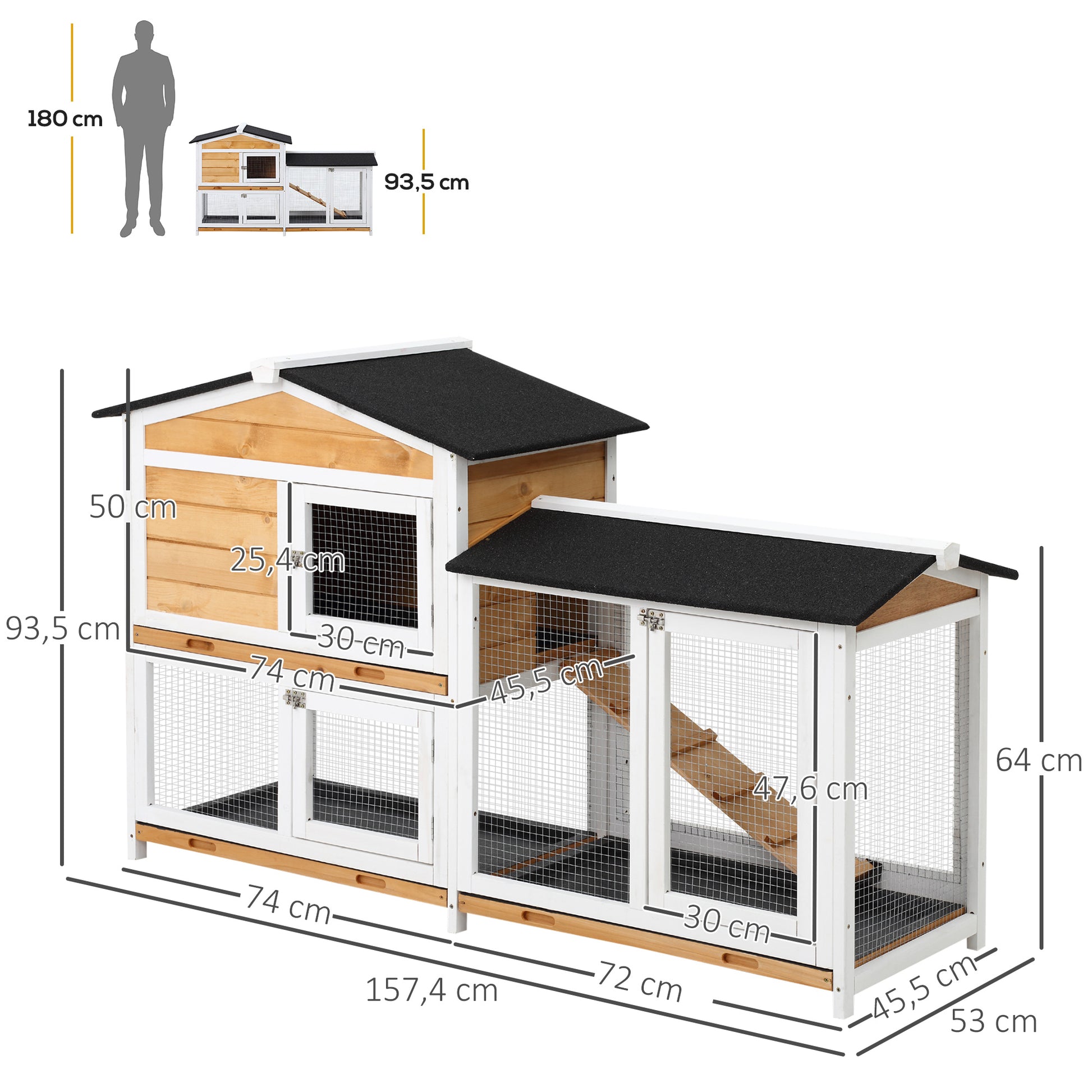 2-Level Outdoor Wood Rabbit Hutch with Asphalt Roof, 2 Metal Enclosures, Removable Tray, 2 Doors and Ramp 157.4x53x93.5 cm Natural