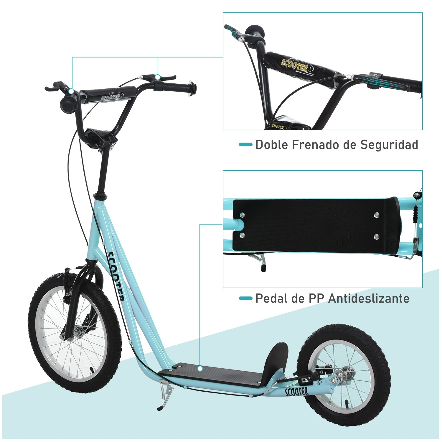 Kids Scooter for Ages 5 and Up with 2 Inflatable Rubber Tires with Dual Brake Adjustable Handlebar Supports 100 kg 135x58x88-94 cm Blue