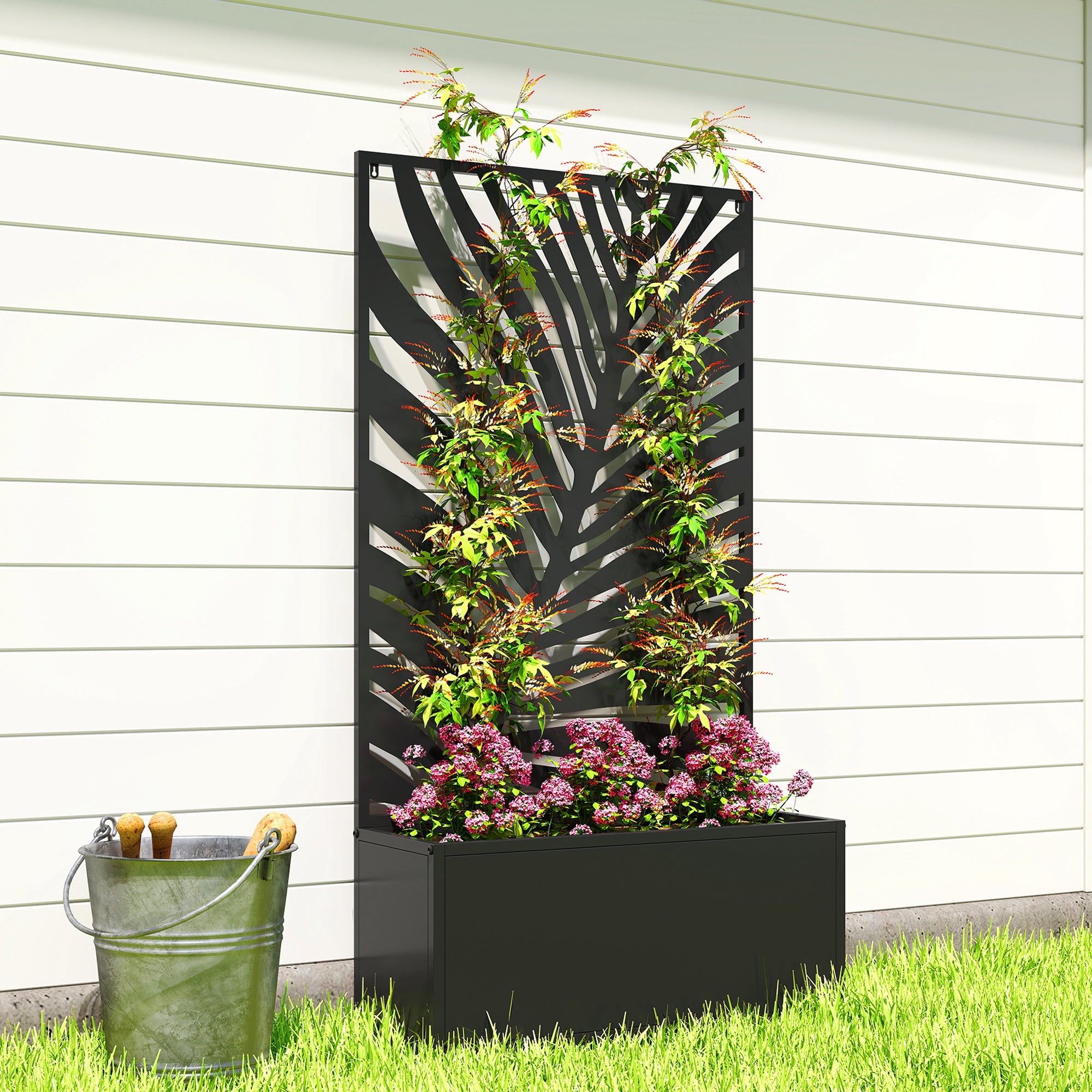 Elevated Balcony Planter with Leaf Trellis – Metal Window Box 61 x 23 x 113 cm (Black)