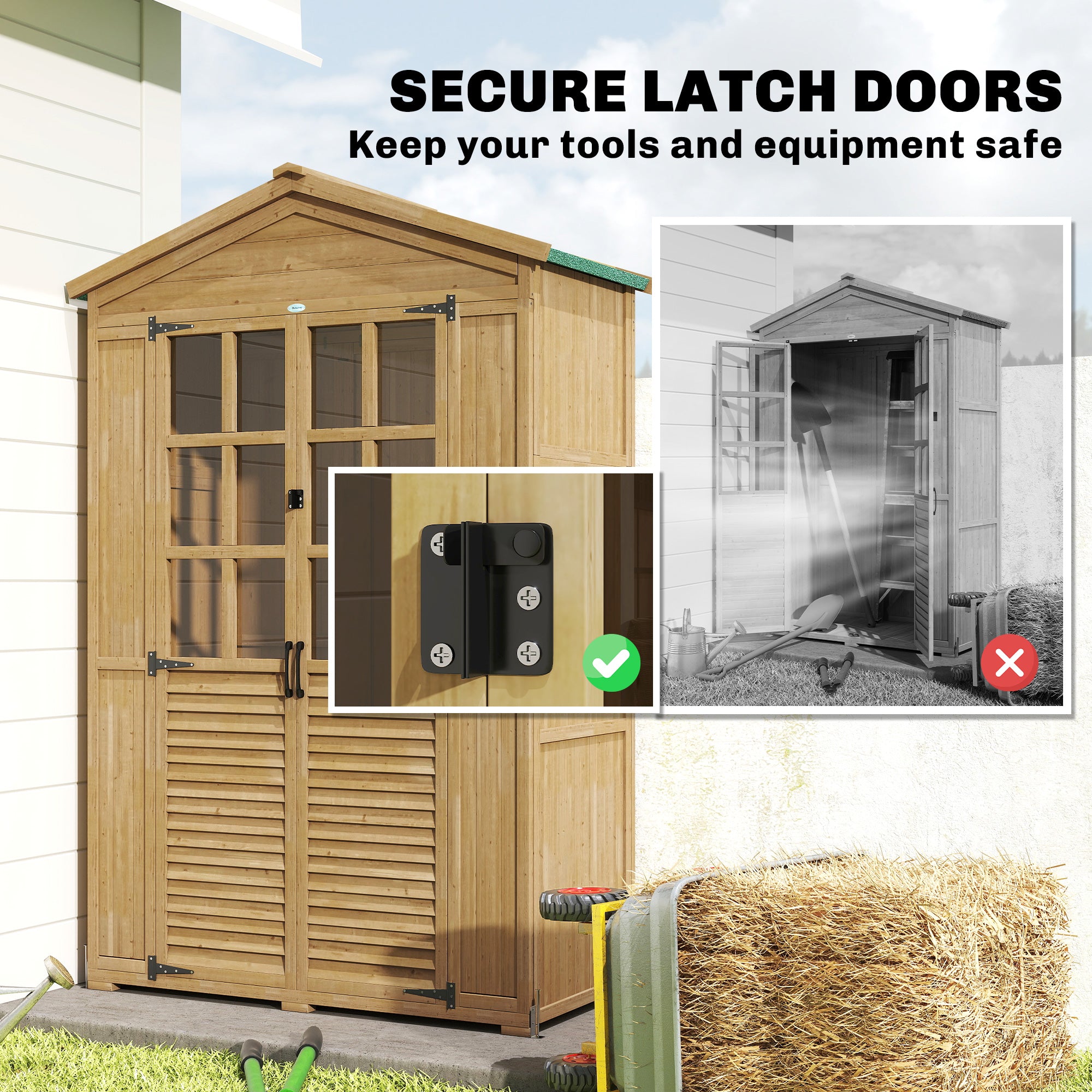 Pine Garden Shed with Shelves & Acrylic Windows, Sloped Asphalt Roof, Lockable Doors — 128 x 57.5 x 197 cm (50.4 x 22.6 x 77.6 in), Light Brown