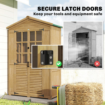 Pine Garden Shed with Shelves & Acrylic Windows, Sloped Asphalt Roof, Lockable Doors — 128 x 57.5 x 197 cm (50.4 x 22.6 x 77.6 in), Light Brown