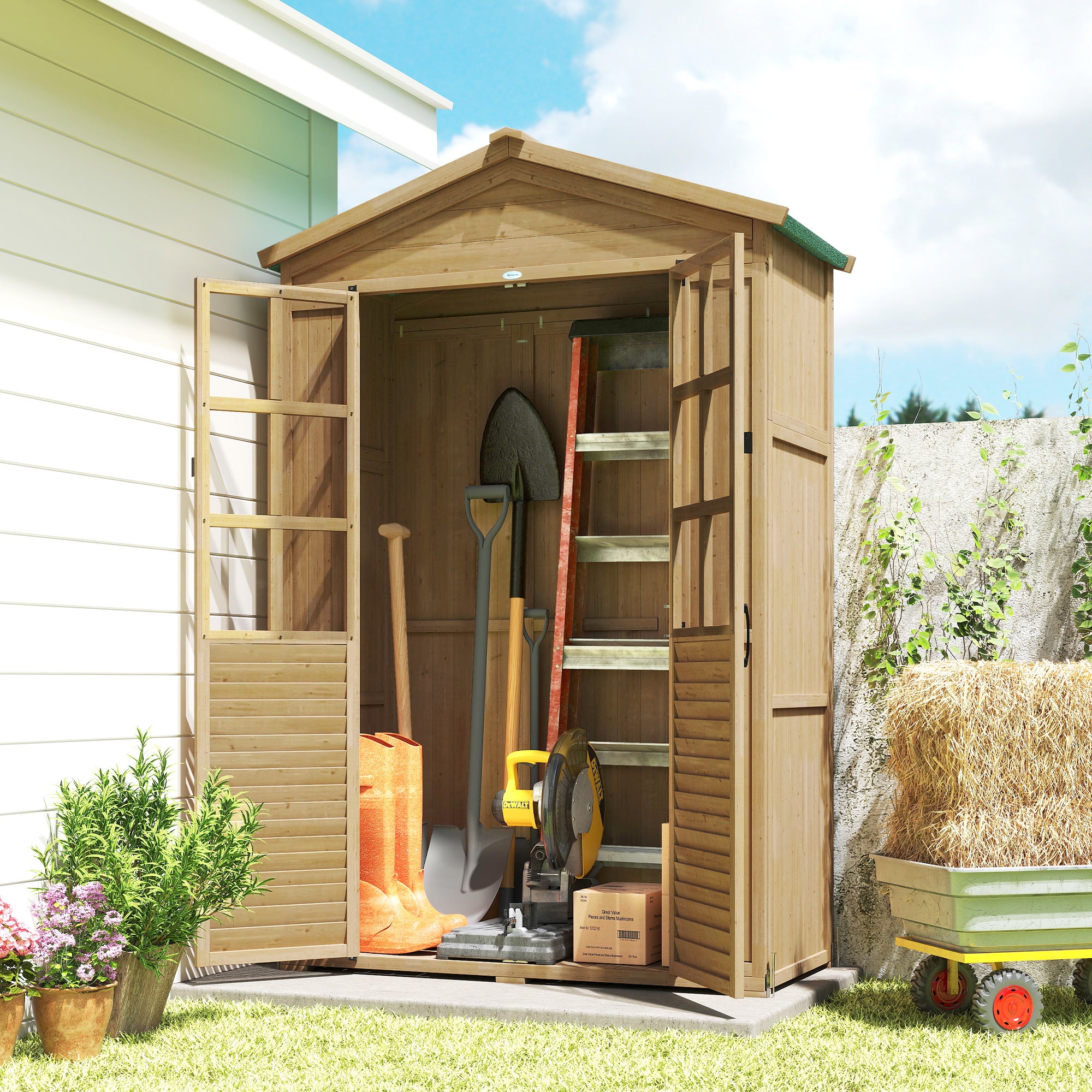 Pine Garden Shed with Shelves & Acrylic Windows, Sloped Asphalt Roof, Lockable Doors — 128 x 57.5 x 197 cm (50.4 x 22.6 x 77.6 in), Light Brown