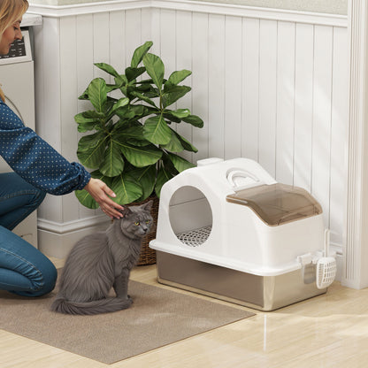 Extra Large Covered Cat Litter Box with Stainless Steel Tray Removable Lid High Edges Mats Odor-free Scoop Easy to Clean for Large Cats White