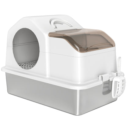 Extra Large Covered Cat Litter Box with Stainless Steel Tray Removable Lid High Edges Mats Odor-free Scoop Easy to Clean for Large Cats White