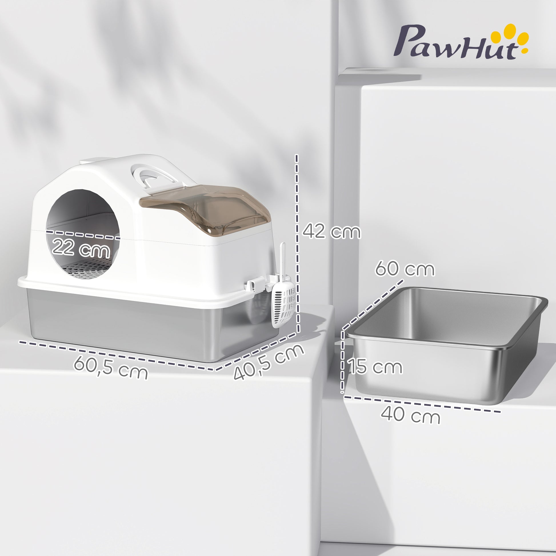 Extra Large Covered Cat Litter Box with Stainless Steel Tray Removable Lid High Edges Mats Odor-free Scoop Easy to Clean for Large Cats White