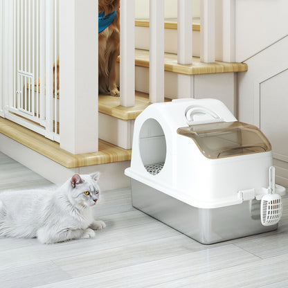 Extra Large Covered Cat Litter Box with Stainless Steel Tray Removable Lid High Edges Mats Odor-free Scoop Easy to Clean for Large Cats White