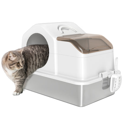 Extra Large Covered Cat Litter Box with Stainless Steel Tray Removable Lid High Edges Mats Odor-free Scoop Easy to Clean for Large Cats White