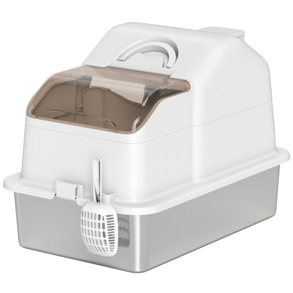 Extra Large Covered Cat Litter Box with Stainless Steel Tray Removable Lid High Edges Mats Odor-free Scoop Easy to Clean for Large Cats White