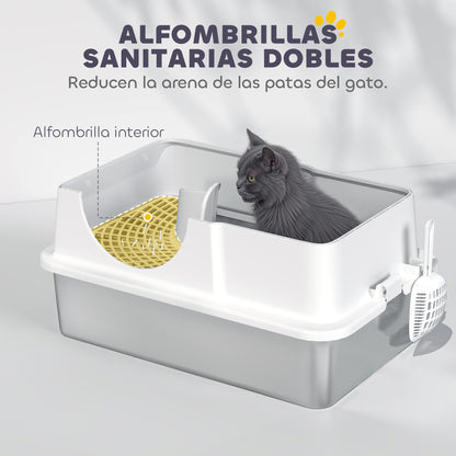 Extra Large Covered Cat Litter Box with Stainless Steel Tray Removable Lid High Edges Mats Odor-free Scoop Easy to Clean for Large Cats White