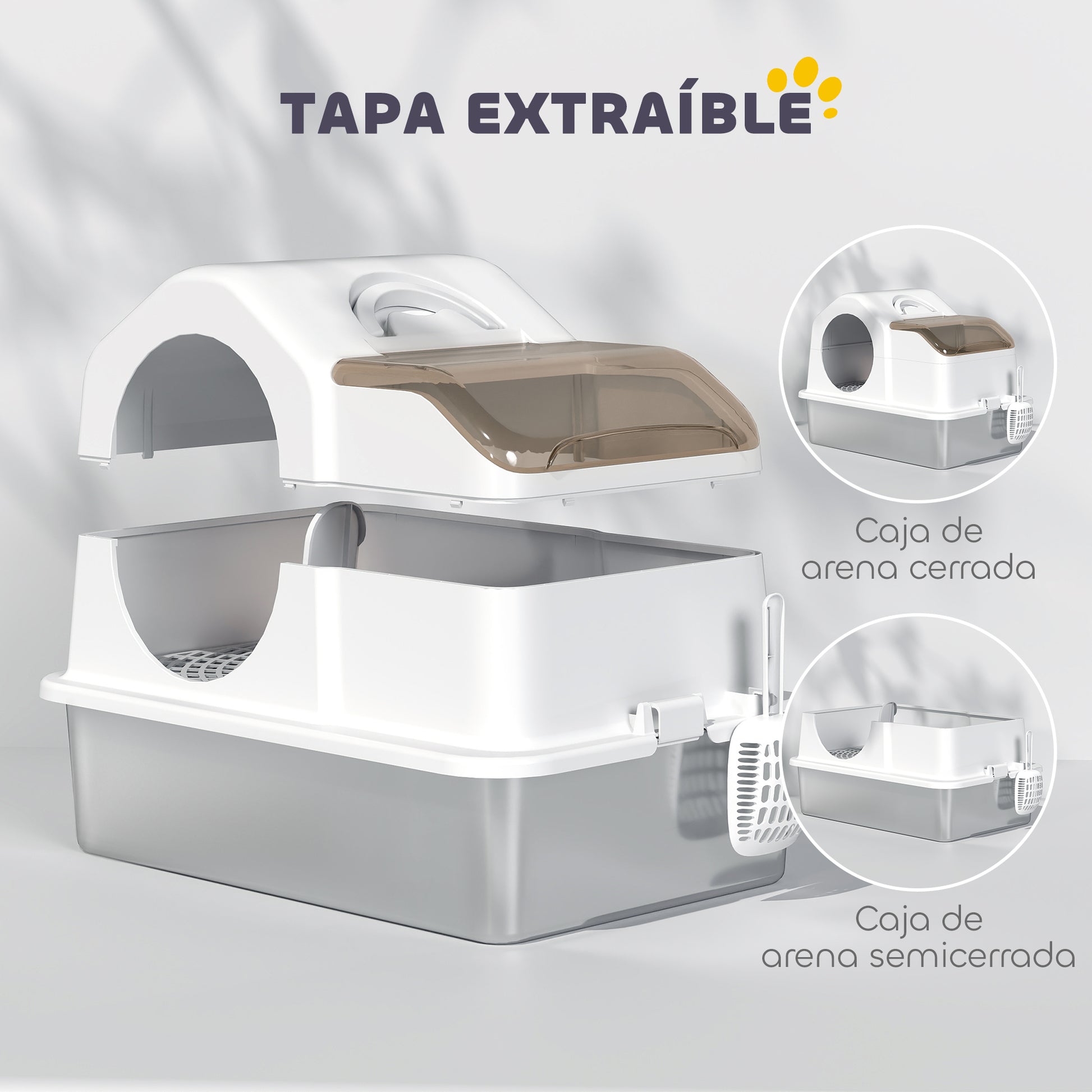 Extra Large Covered Cat Litter Box with Stainless Steel Tray Removable Lid High Edges Mats Odor-free Scoop Easy to Clean for Large Cats White