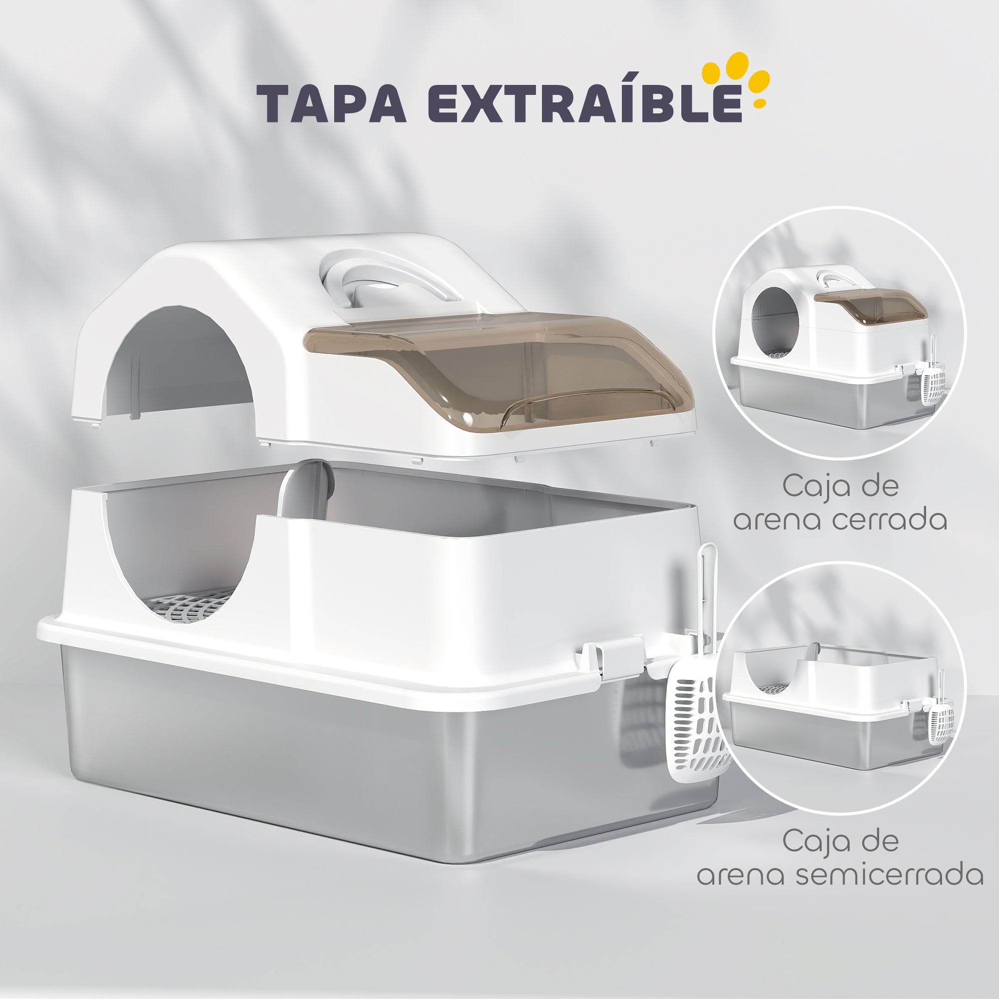 Extra Large Covered Cat Litter Box with Stainless Steel Tray Removable Lid High Edges Mats Odor-free Scoop Easy to Clean for Large Cats White