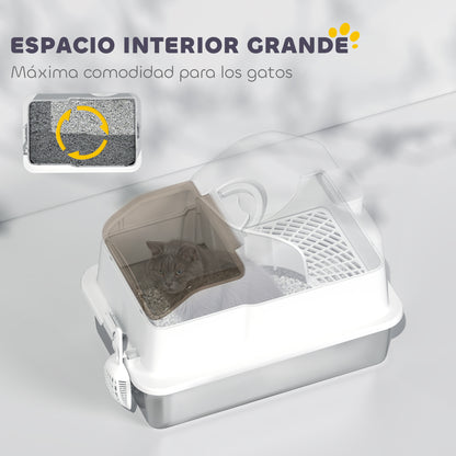 Extra Large Covered Cat Litter Box with Stainless Steel Tray Removable Lid High Edges Mats Odor-free Scoop Easy to Clean for Large Cats White