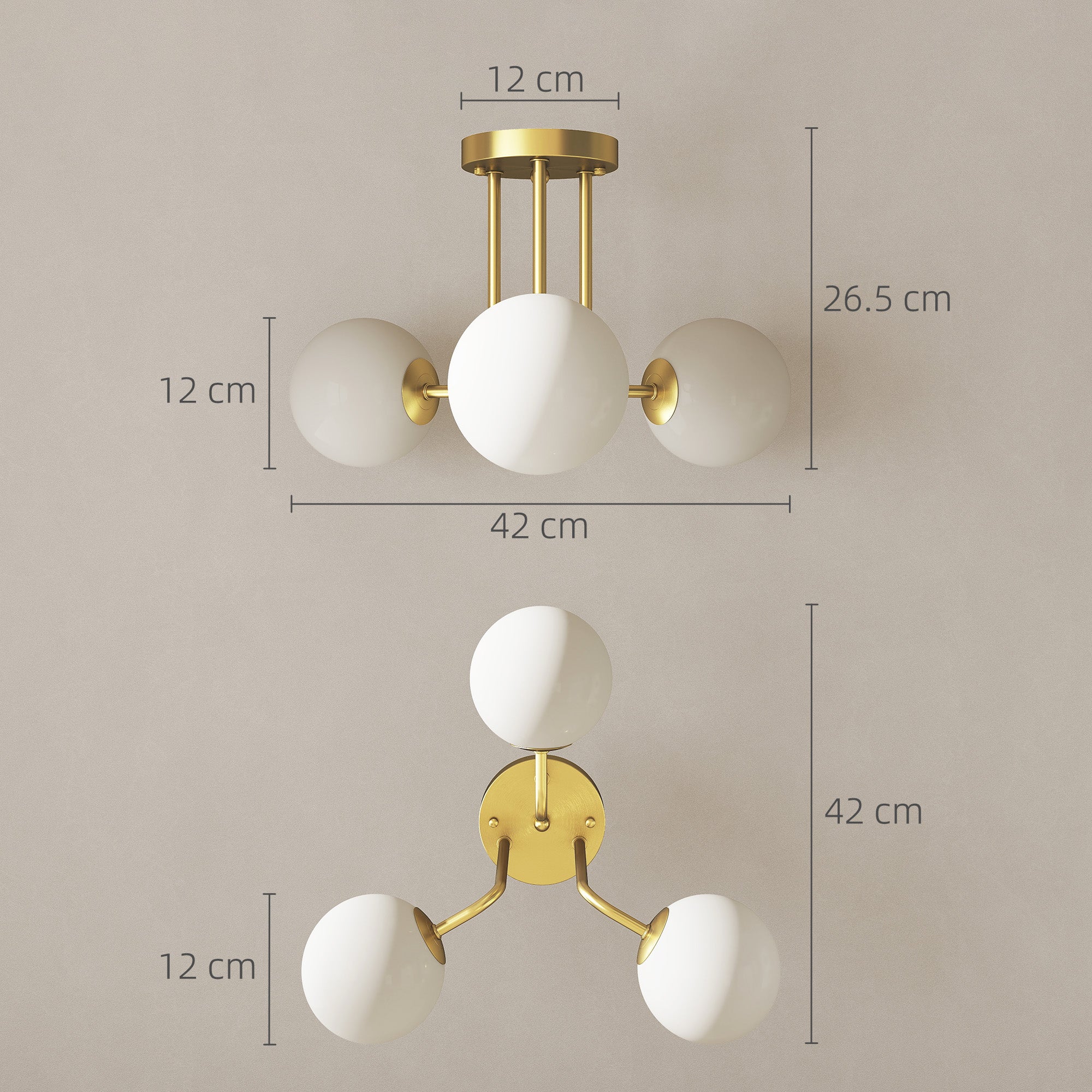 Vintage 3-Light Gold Ceiling Light with G9 Sockets for Living Room and Lounge, 42 x 42 x 26.5 cm (16.5 x 16.5 x 10.4 in), Bulbs Not Included