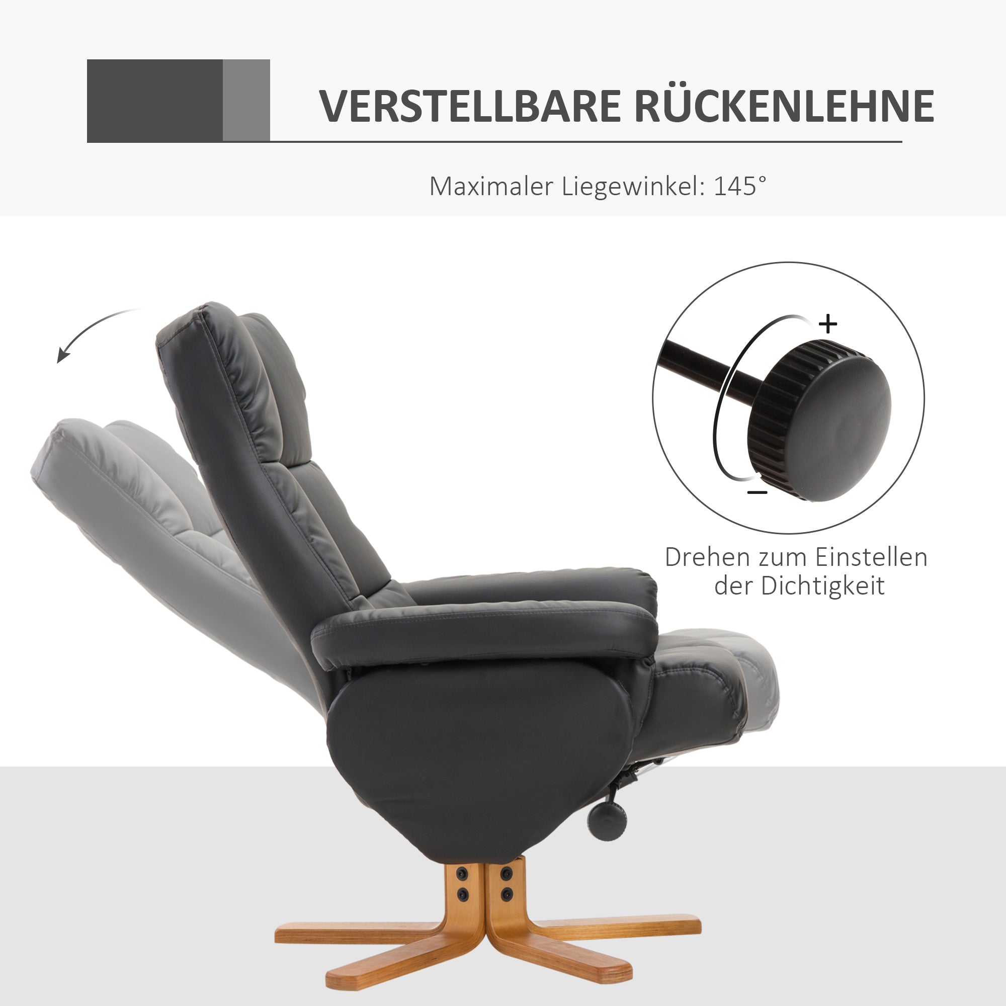 Recliner Chair with Footstool, Storage Space, Padded TV Chair with Reclining Function, 360° Swivel TV Chair for Bedroom, Living Room, Faux Leather, Black