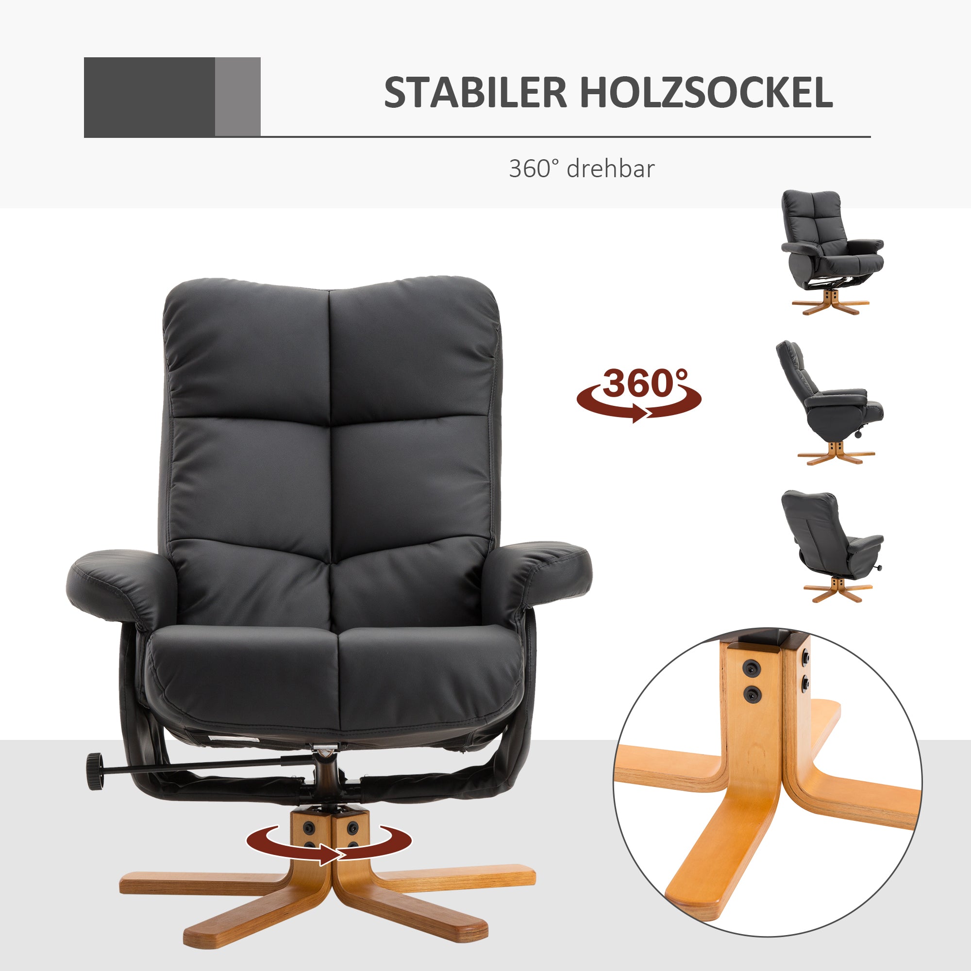 Recliner Chair with Footstool, Storage Space, Padded TV Chair with Reclining Function, 360° Swivel TV Chair for Bedroom, Living Room, Faux Leather, Black