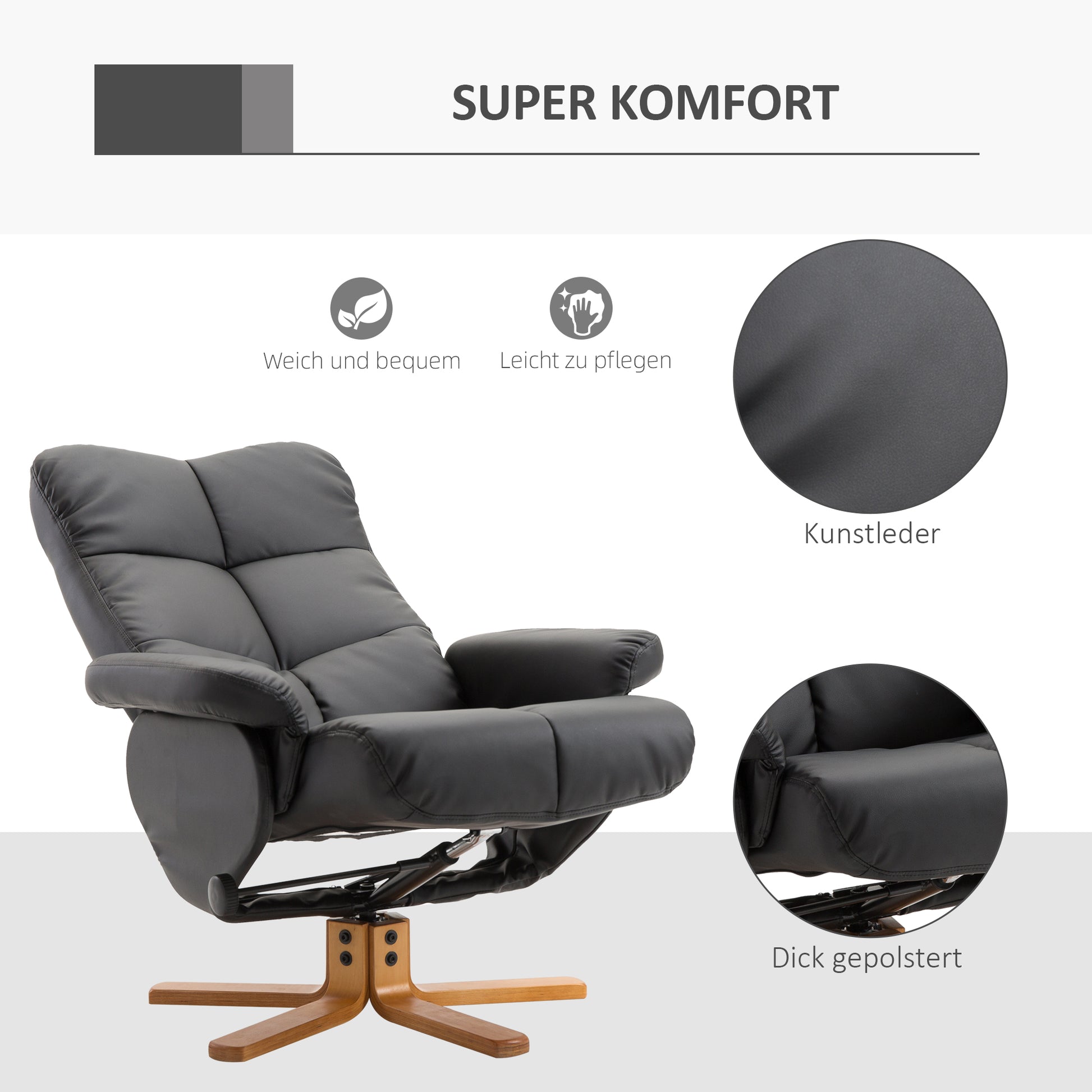 Recliner Chair with Footstool, Storage Space, Padded TV Chair with Reclining Function, 360° Swivel TV Chair for Bedroom, Living Room, Faux Leather, Black