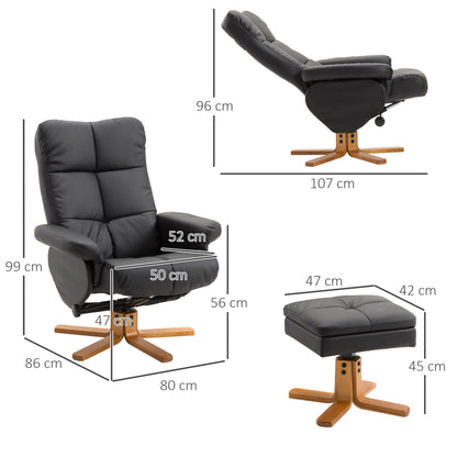 Recliner Chair with Footstool, Storage Space, Padded TV Chair with Reclining Function, 360° Swivel TV Chair for Bedroom, Living Room, Faux Leather, Black
