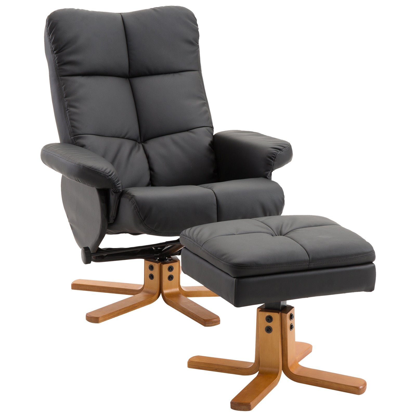 Recliner Chair with Footstool, Storage Space, Padded TV Chair with Reclining Function, 360° Swivel TV Chair for Bedroom, Living Room, Faux Leather, Black