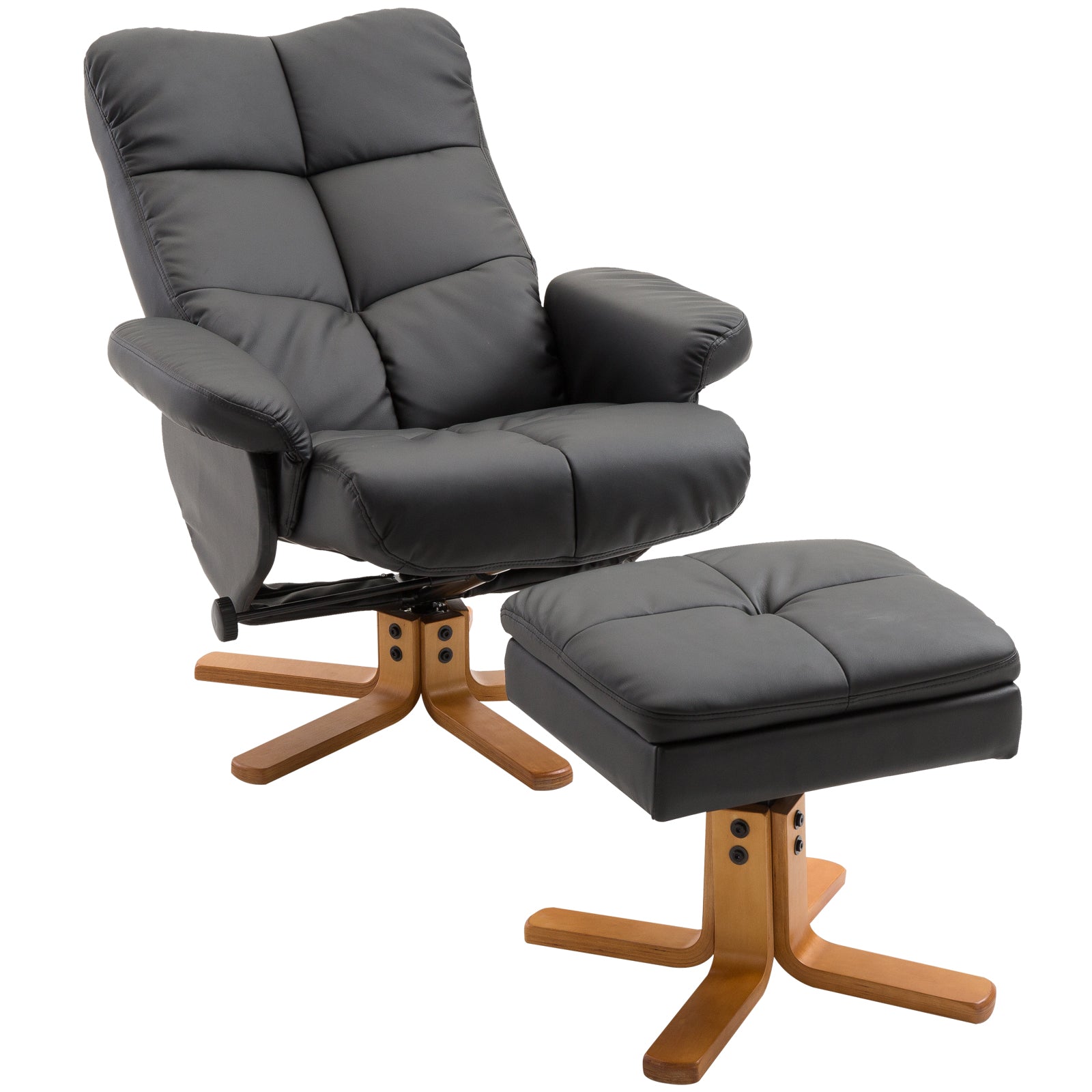 Recliner Chair with Footstool, Storage Space, Padded TV Chair with Reclining Function, 360° Swivel TV Chair for Bedroom, Living Room, Faux Leather, Black