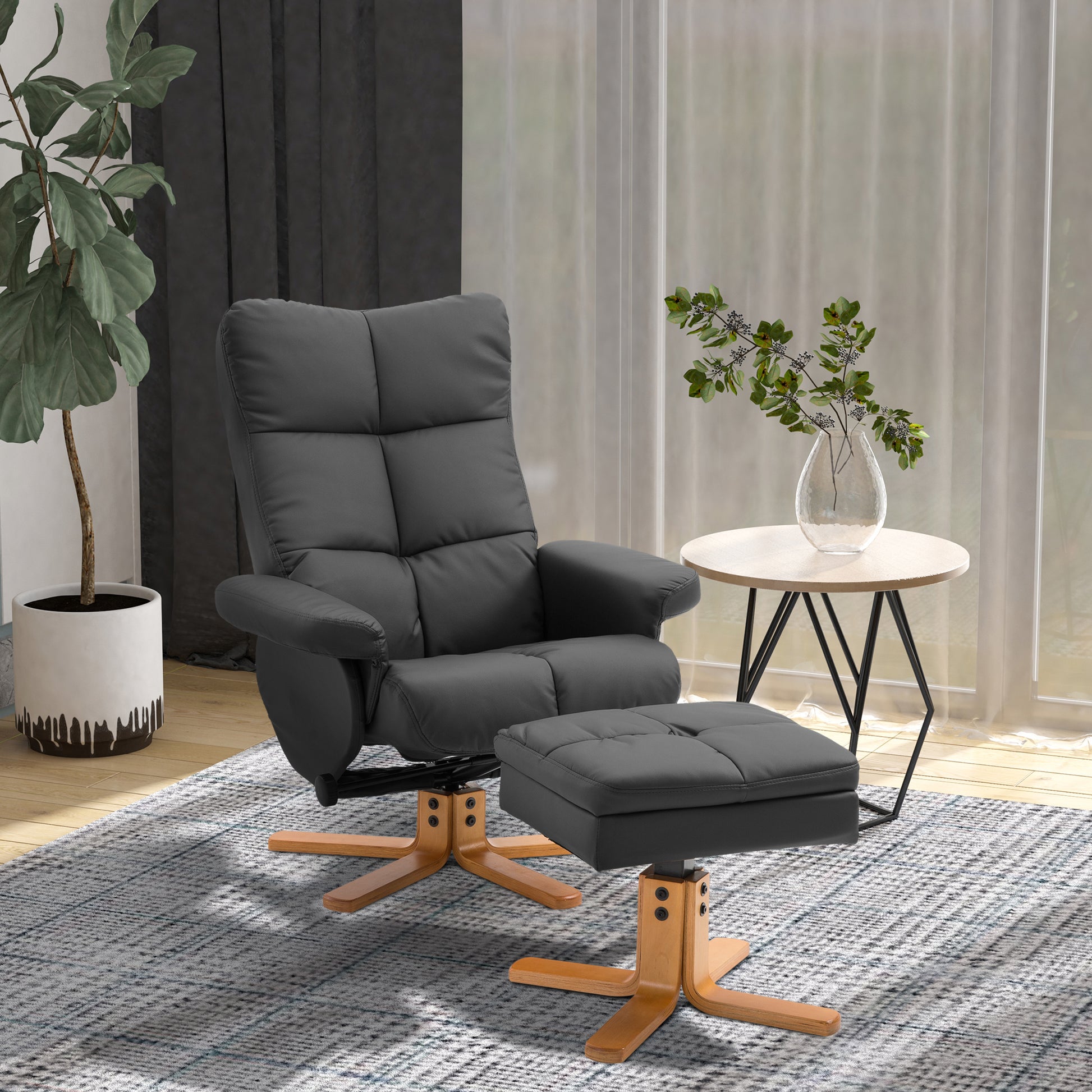 Recliner Chair with Footstool, Storage Space, Padded TV Chair with Reclining Function, 360° Swivel TV Chair for Bedroom, Living Room, Faux Leather, Black
