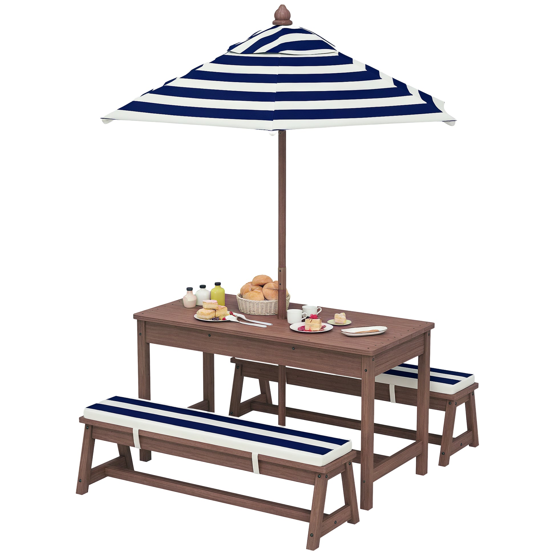 Outdoor Children's Garden Furniture Set, Children's Picnic Table with Benches, Cushions and Removable Parasol, for Garden, Lawn, Camping, Navy Blue and White Striped