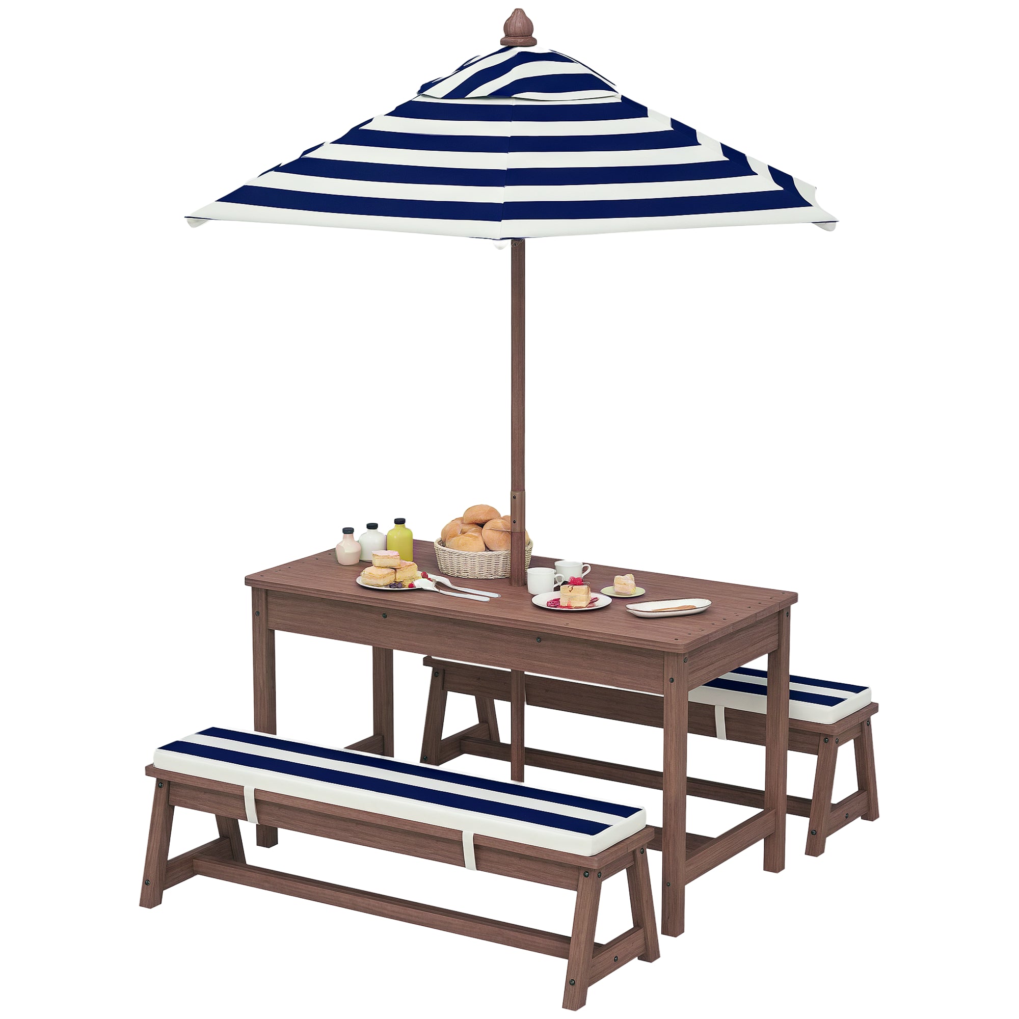 Outdoor Children's Garden Furniture Set, Children's Picnic Table with Benches, Cushions and Removable Parasol, for Garden, Lawn, Camping, Navy Blue and White Striped