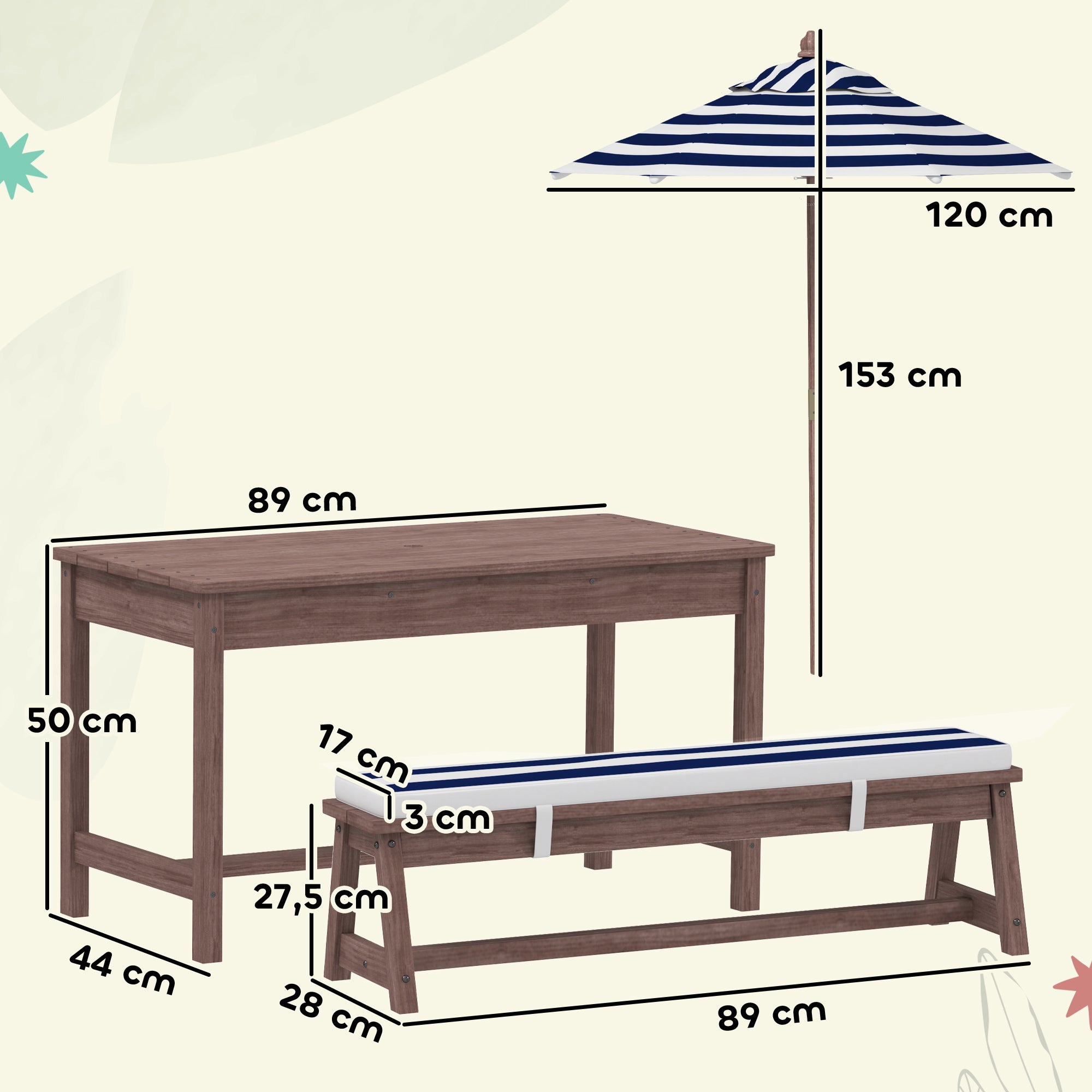 Outdoor Children's Garden Furniture Set, Children's Picnic Table with Benches, Cushions and Removable Parasol, for Garden, Lawn, Camping, Navy Blue and White Striped