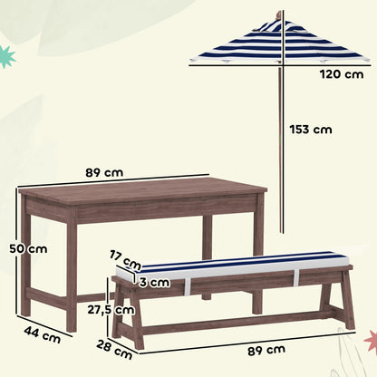 Outdoor Children's Garden Furniture Set, Children's Picnic Table with Benches, Cushions and Removable Parasol, for Garden, Lawn, Camping, Navy Blue and White Striped
