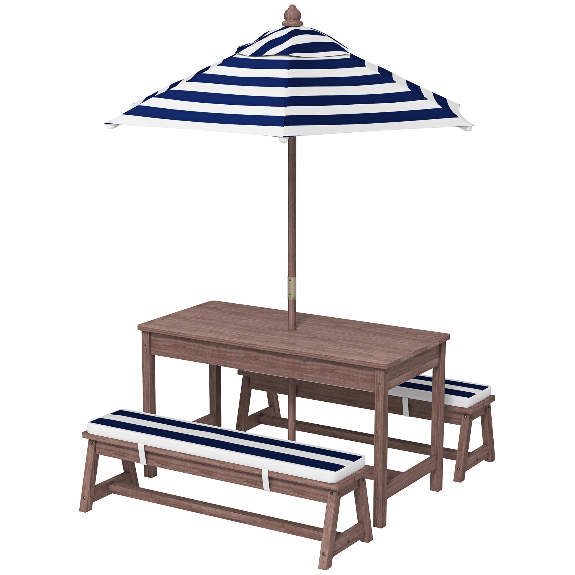 Outdoor Children's Garden Furniture Set, Children's Picnic Table with Benches, Cushions and Removable Parasol, for Garden, Lawn, Camping, Navy Blue and White Striped