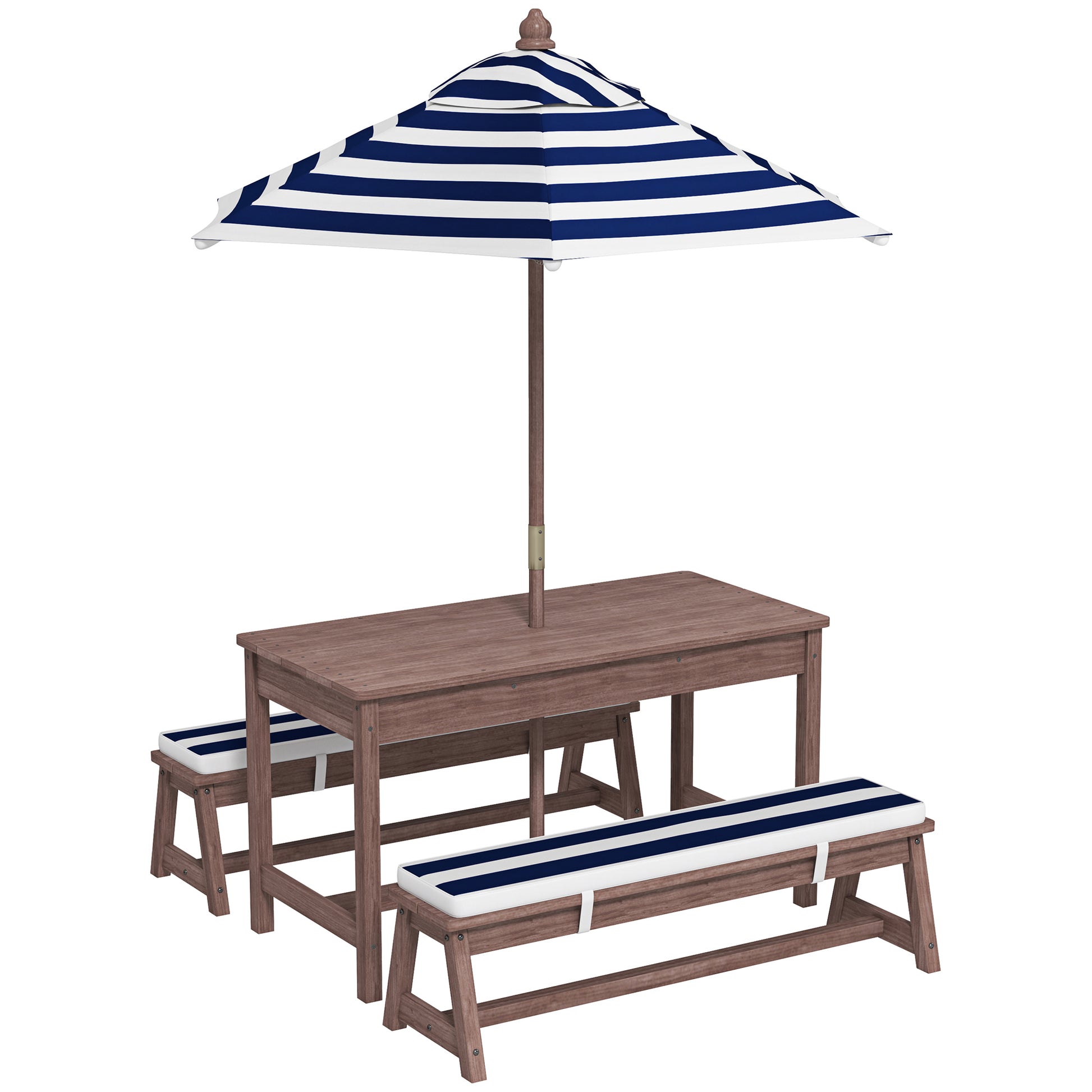 Outdoor Children's Garden Furniture Set, Children's Picnic Table with Benches, Cushions and Removable Parasol, for Garden, Lawn, Camping, Navy Blue and White Striped