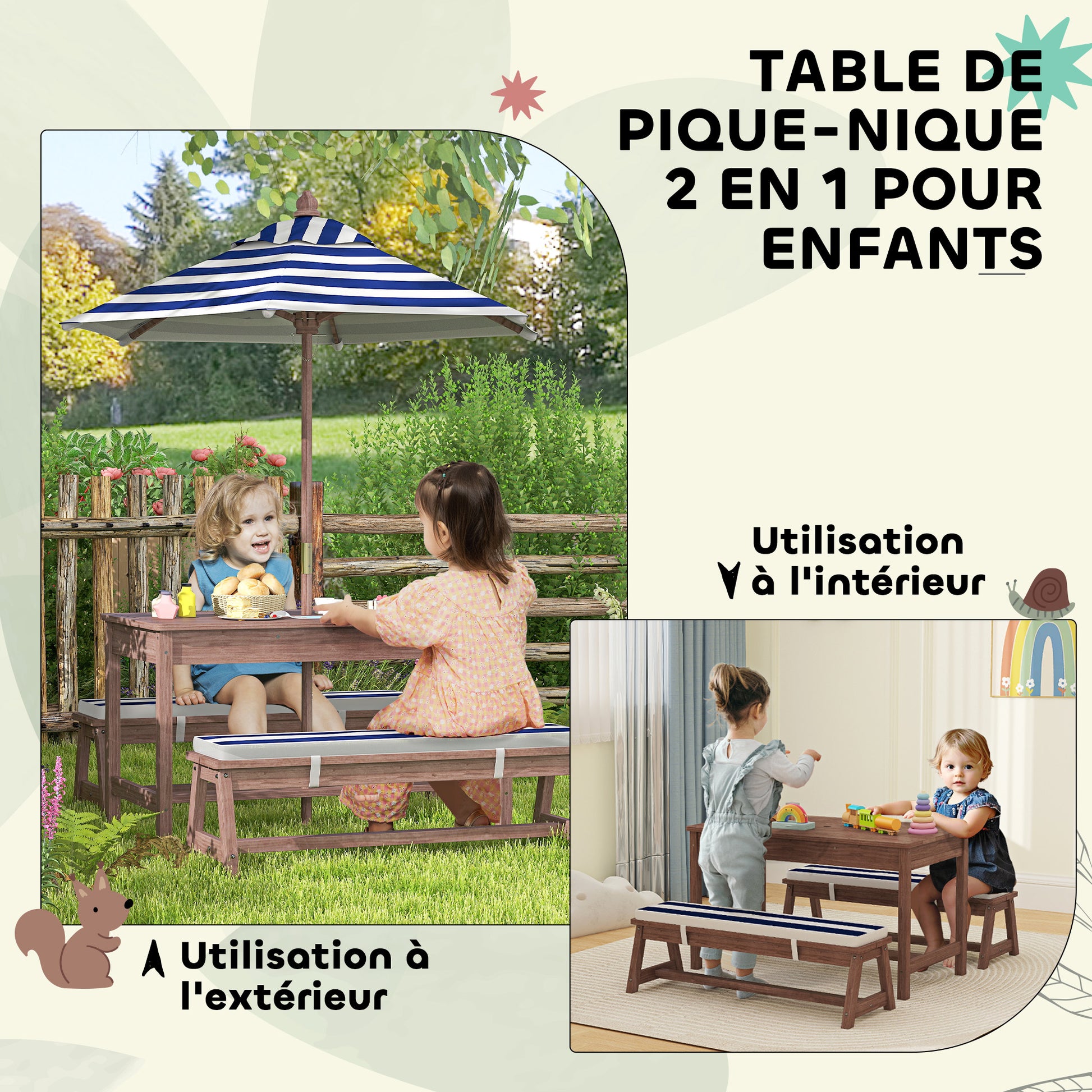 Outdoor Children's Garden Furniture Set, Children's Picnic Table with Benches, Cushions and Removable Parasol, for Garden, Lawn, Camping, Navy Blue and White Striped