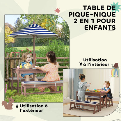 Outdoor Children's Garden Furniture Set, Children's Picnic Table with Benches, Cushions and Removable Parasol, for Garden, Lawn, Camping, Navy Blue and White Striped