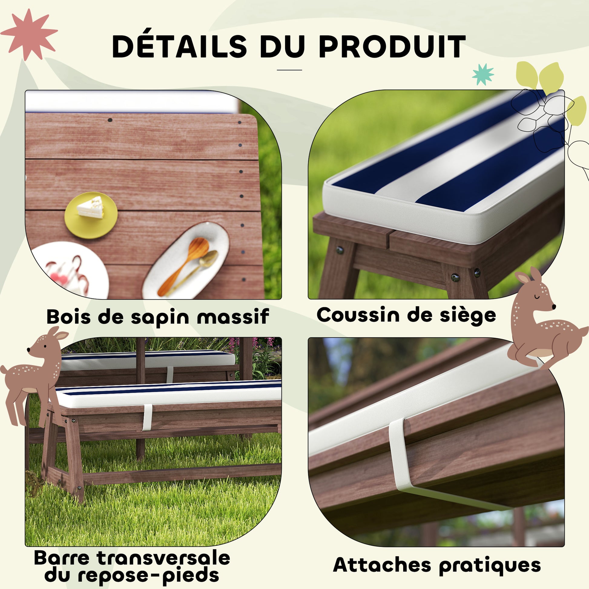 Outdoor Children's Garden Furniture Set, Children's Picnic Table with Benches, Cushions and Removable Parasol, for Garden, Lawn, Camping, Navy Blue and White Striped