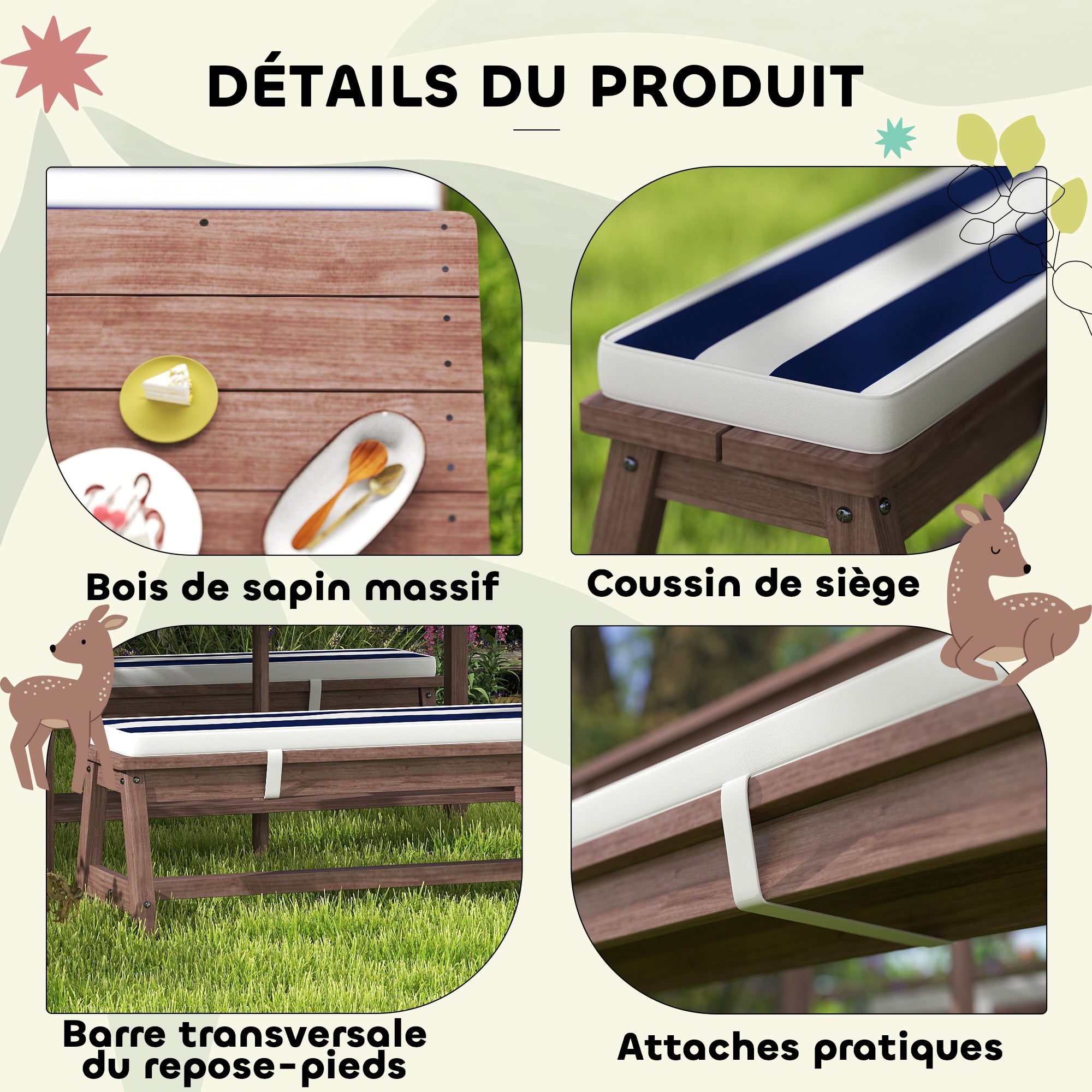 Outdoor Children's Garden Furniture Set, Children's Picnic Table with Benches, Cushions and Removable Parasol, for Garden, Lawn, Camping, Navy Blue and White Striped