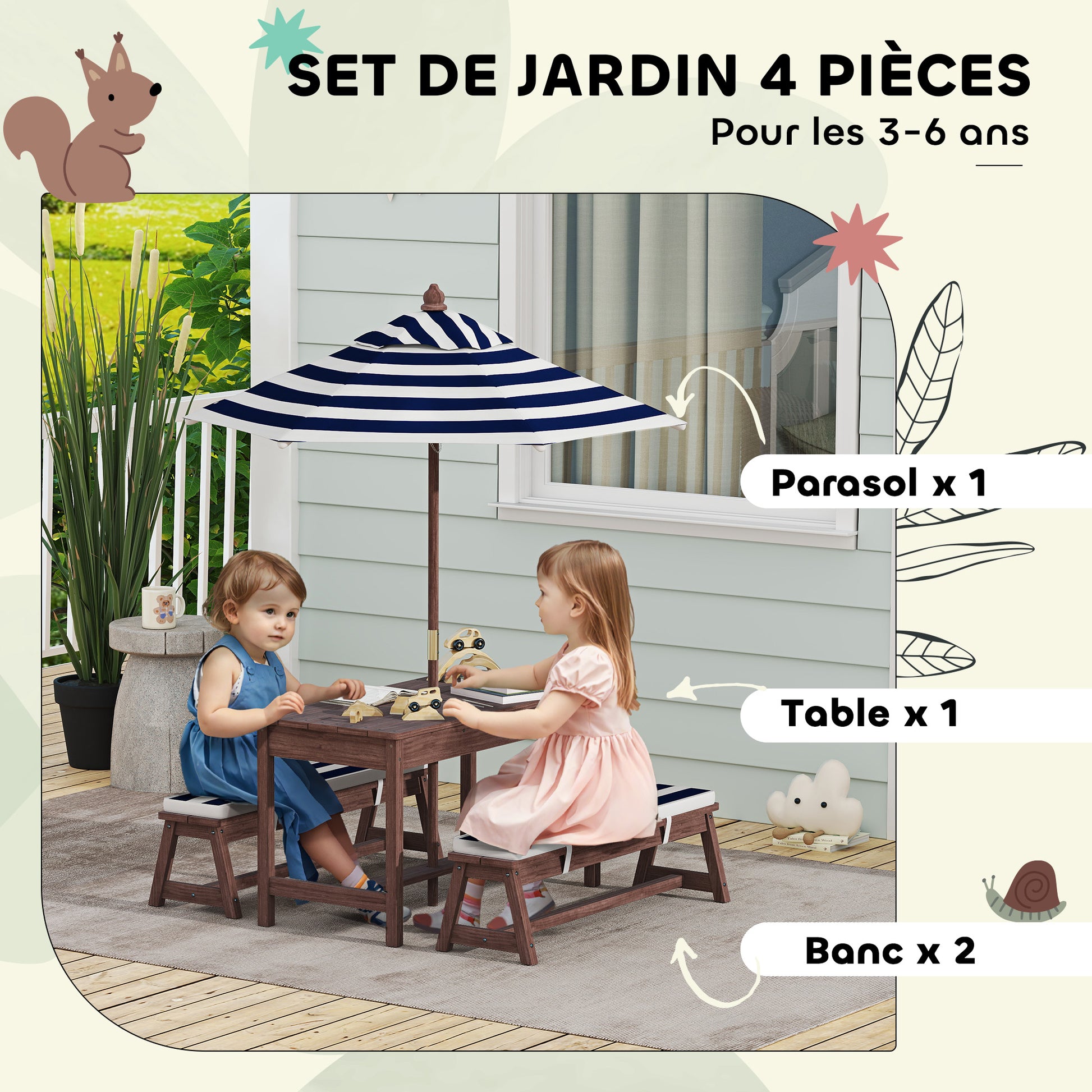 Outdoor Children's Garden Furniture Set, Children's Picnic Table with Benches, Cushions and Removable Parasol, for Garden, Lawn, Camping, Navy Blue and White Striped